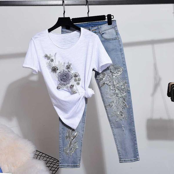 summer fashion sequins embroidery flowers t shirt frayed denim pants two piece set women loose white t shirt jeans suit female1
summer fashion sequins embroidery flowers t shirt frayed denim pants two piece set women loose white t shirt jeans suit female1