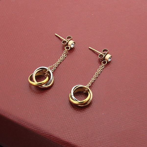 Exquisite Fashion Lady Titanium steel Tassels Single Diamond Three Color Circles Rings 18k Gold Plated Engagement Dangle Earrings
Exquisite Fashion Lady Titanium steel Tassels Single Diamond Three Color Circles Rings 18k Gold Plated Engagement Dangle Earrings