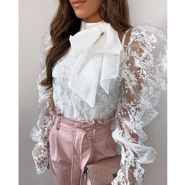 new women floral lace sheer mesh blouse long puff sleeve bow tie slim see through shirts ladies clubwear loose casual blusas, White
new women floral lace sheer mesh blouse long puff sleeve bow tie slim see through shirts ladies clubwear loose casual blusas, White