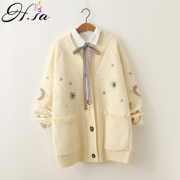 h.sa women winter sweater knitting cardigans v neck stars moon embroidery long sweater jacket pink christmas cardigans 201109, White;black
h.sa women winter sweater knitting cardigans v neck stars moon embroidery long sweater jacket pink christmas cardigans 201109, White;black