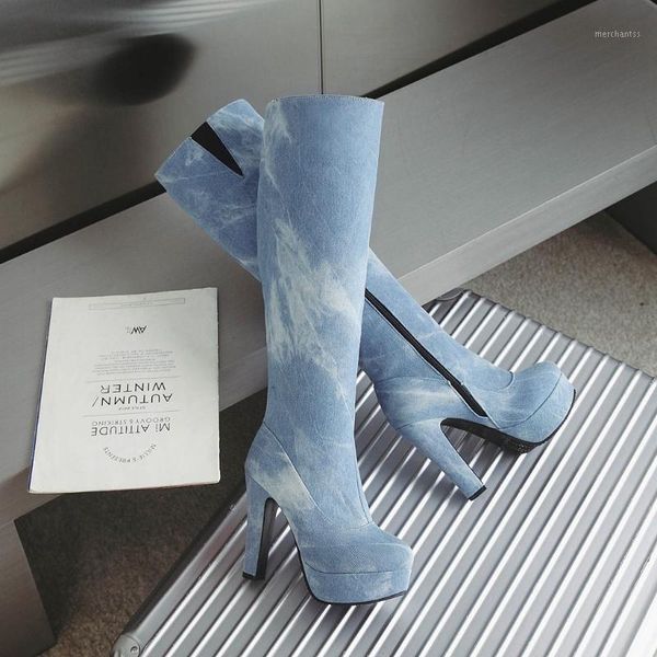 women knee-high boots denim fabric splicing european and american women winter boots side zipper + elastic band classic washing1, Black
women knee-high boots denim fabric splicing european and american women winter boots side zipper + elastic band classic washing1, Black