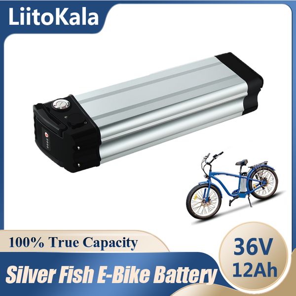 

liitokala 36v 12ah electric bike bicycle battery pack 350w 500w 36 v silver fish scooter lithium li-ion batterie akku with 15a bms bottom di