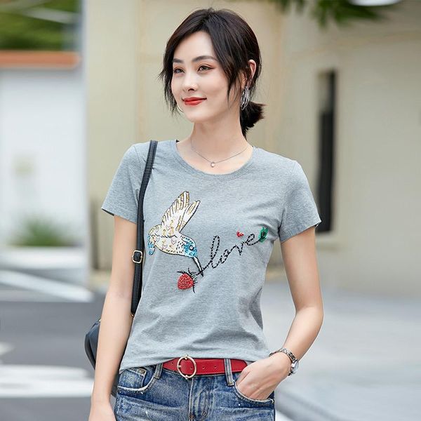 2020 summer new style handmade beaded bird t-shirt women's short sleeve fashion ins undershirt korean clothes women tshirt, White
2020 summer new style handmade beaded bird t-shirt women's short sleeve fashion ins undershirt korean clothes women tshirt, White