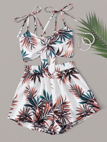 tropical print tie shoulder shirred cami with shorts n3kw#, White