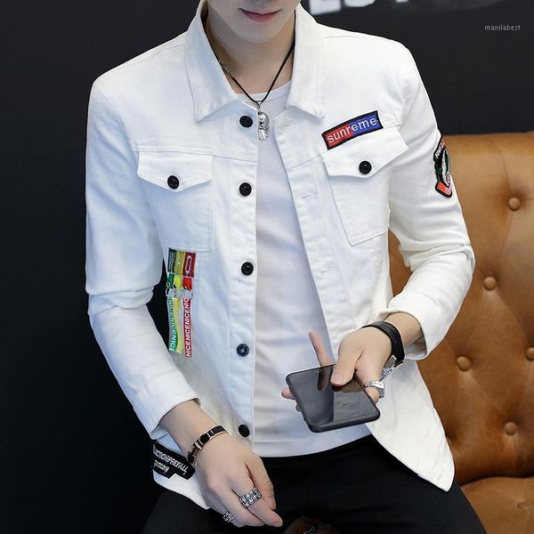 new men denim jacket short coat black white red single breasted pockets slim fit spring autumn outwear letters pattern e101, Black;brown
new men denim jacket short coat black white red single breasted pockets slim fit spring autumn outwear letters pattern e101, Black;brown