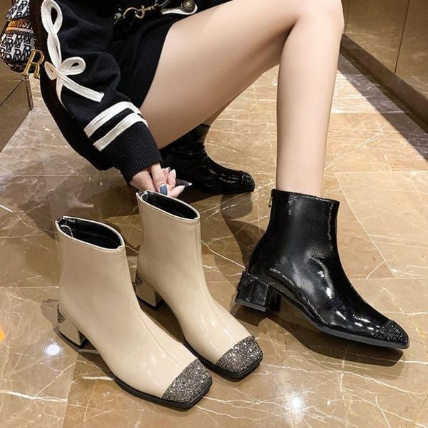 autumn winter fashion women boots thick heel short boots british style square toe rhinestone back zipper patent leather shoes, Black
autumn winter fashion women boots thick heel short boots british style square toe rhinestone back zipper patent leather shoes, Black