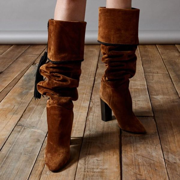 boots fashion chunky heel brown knee high tassel shoes big size 44 45 46 women, Black