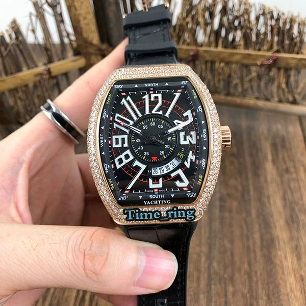 Edition V 45 Sc Dt Date Dial Rose Gold Diamond Case Japan Miyota 8215 Automatic Movement Mens Watch Black Leather Strap Brand Watches