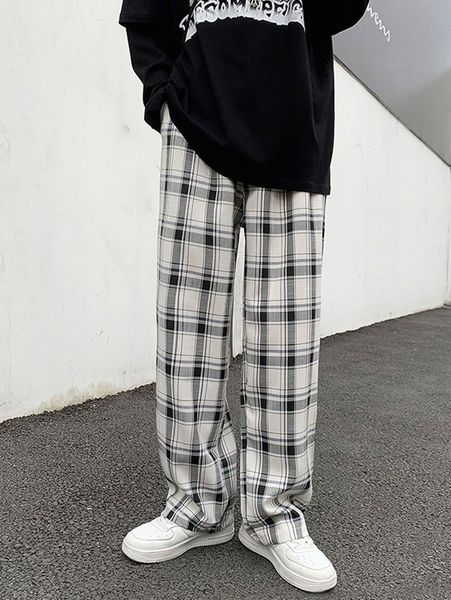 men drawstring waist plaid pants x1ki#, Black