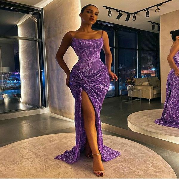 2021 glitter purple sequins mermaid evening dresses wear spaghetti straps sleeveless high side split sweep train plus size prom party gowns, Black;red
2021 glitter purple sequins mermaid evening dresses wear spaghetti straps sleeveless high side split sweep train plus size prom party gowns, Black;red