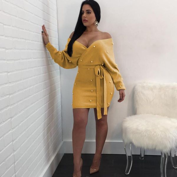 off shoulder knitting sweater dress women elegant pearls sashes short wrap dress casual long sleeve autumn winter dresses1, Black;gray
off shoulder knitting sweater dress women elegant pearls sashes short wrap dress casual long sleeve autumn winter dresses1, Black;gray