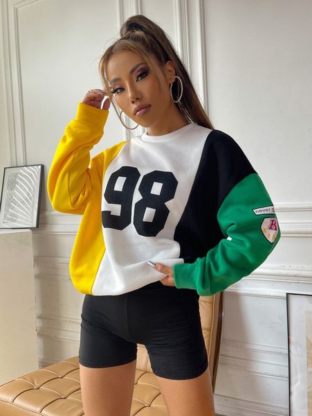 slogan graphic colorblock drop shoulder sweatshirt d1wp#, White;black 
slogan graphic colorblock drop shoulder sweatshirt d1wp#, White;black
