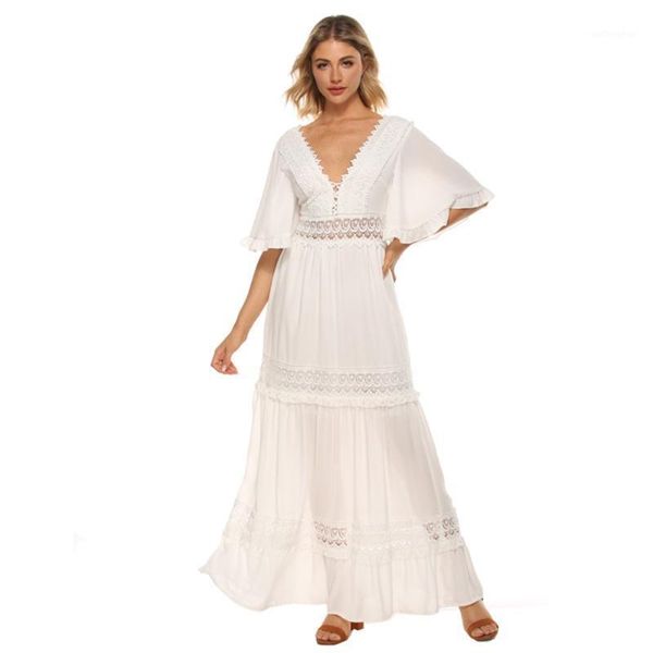 2020 summer women dresses chiffon deep v-neck long dress white lace loose maxi tunic beach dress holiday clothes vestidos1, Black;gray 
2020 summer women dresses chiffon deep v-neck long dress white lace loose maxi tunic beach dress holiday clothes vestidos1, Black;gray