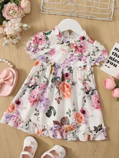 baby floral print puff sleeve keyhole back ruffle trim dress she, Red;yellow