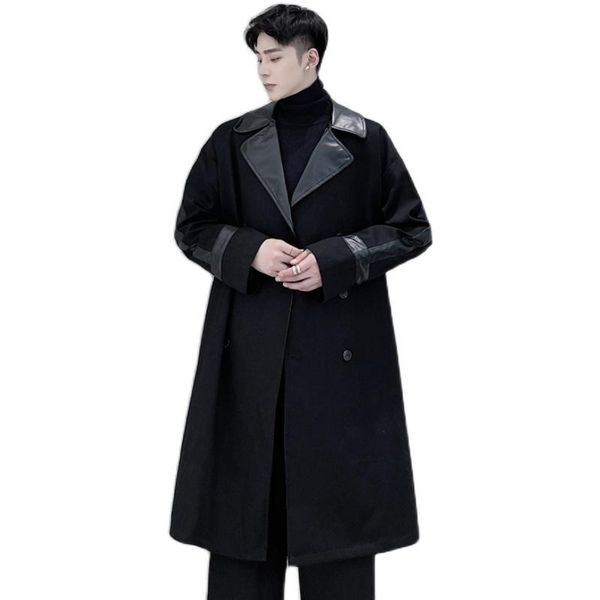 men's wool & blends autumn spring male streetwear loose overcoat jacket men leather splice long windbreaker trench coat outerwear, Black
men's wool & blends autumn spring male streetwear loose overcoat jacket men leather splice long windbreaker trench coat outerwear, Black