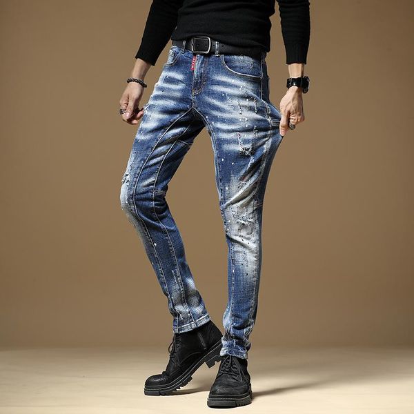 2020 new men's black embroidered painted ripped jeans streetwear holes patchwork stretch denim pants skinny pencil trousers, Blue
2020 new men's black embroidered painted ripped jeans streetwear holes patchwork stretch denim pants skinny pencil trousers, Blue