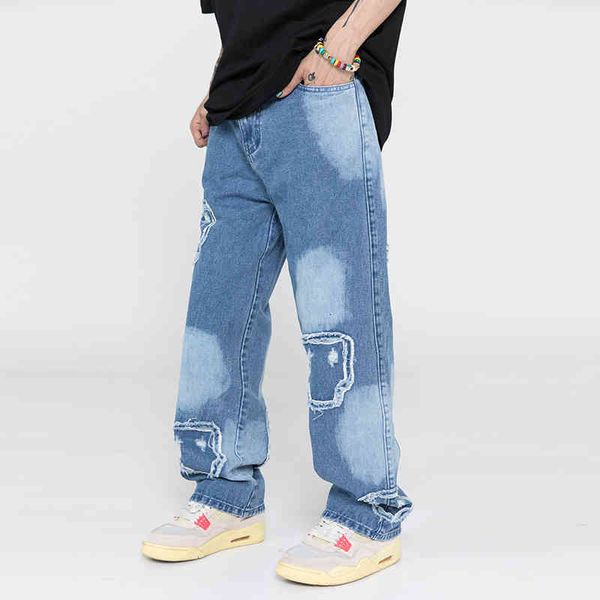 street color high spliced washed jeans mens and womens ripped straight oversize casual denim trousers, Blue
street color high spliced washed jeans mens and womens ripped straight oversize casual denim trousers, Blue