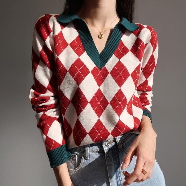european american lapel v-neck diamond plaid long sleeve pullover knitwear cross women sweater red women a7op, White;black
european american lapel v-neck diamond plaid long sleeve pullover knitwear cross women sweater red women a7op, White;black