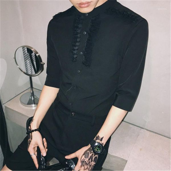 chinese collar social shirts slim fit men shirt half sleeve streetwear shirt lace designer club dj men clothing 2020 summer1, White;black
chinese collar social shirts slim fit men shirt half sleeve streetwear shirt lace designer club dj men clothing 2020 summer1, White;black