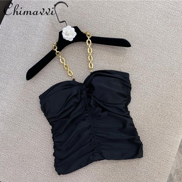 women's tanks & camis 2021 autumn sling tube ladies high street black vest folds gold chain hanging neck shirt, White
women's tanks & camis 2021 autumn sling tube ladies high street black vest folds gold chain hanging neck shirt, White