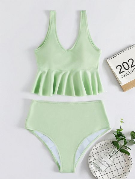 plus ruffle hem high waisted bikini swimsuit z5sp#, Black 
plus ruffle hem high waisted bikini swimsuit z5sp#, Black