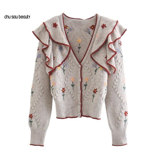 women 2021 fashion floral embroidery ruffled knitted sweater vintage long sleeve female outerwear chic c259, White;black
women 2021 fashion floral embroidery ruffled knitted sweater vintage long sleeve female outerwear chic c259, White;black