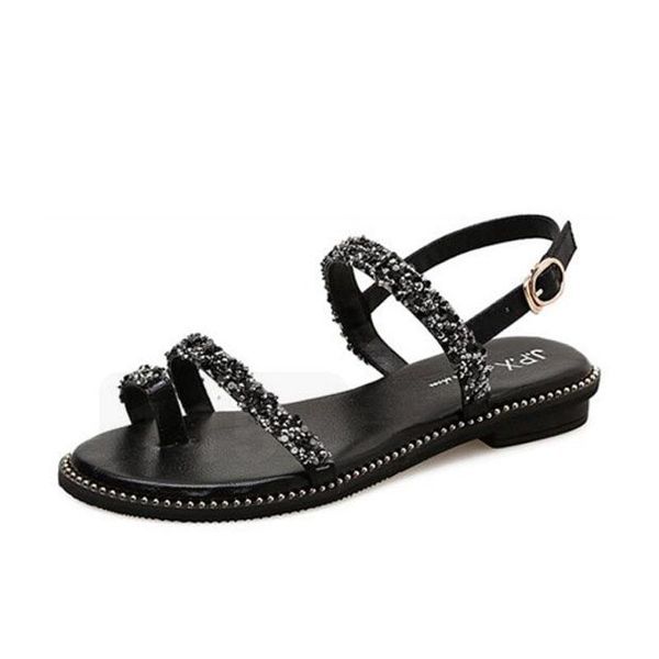 2020 summer new women sandals flat with crystal flip flop solid women summer shoes flat with fashion sandals, Black