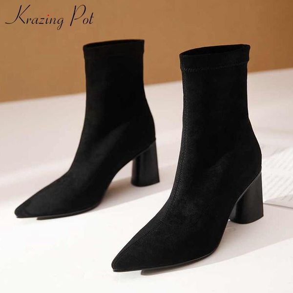 krazing pot solid simple style office lady soft flock stretch pointed toe high heels daily wear basic women ankle boots l78, Black
krazing pot solid simple style office lady soft flock stretch pointed toe high heels daily wear basic women ankle boots l78, Black