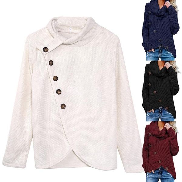 long sleeve pullover turtleneck oblique buttons waffle knitted sweater, White;black 
long sleeve pullover turtleneck oblique buttons waffle knitted sweater, White;black