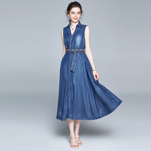 l xl xxl new summer 2020 women long jeans dress sleeveless blue cotton denim v neck with embroidery belt mid-calf elegant lady, Black;gray
l xl xxl new summer 2020 women long jeans dress sleeveless blue cotton denim v neck with embroidery belt mid-calf elegant lady, Black;gray