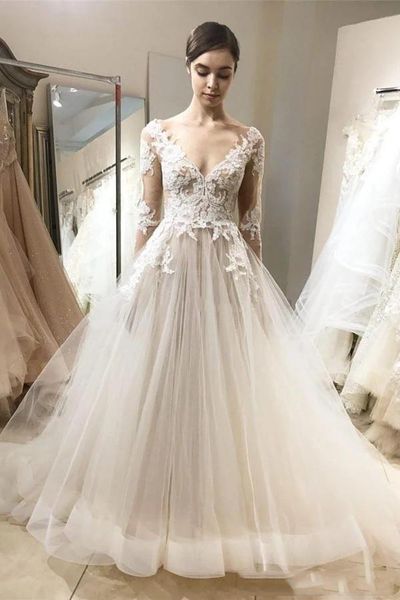 custom long sleeves lace wedding dresses 2021 with appliques sweep train tulle a line wedding bridal gowns vestidoe de noiva, White
custom long sleeves lace wedding dresses 2021 with appliques sweep train tulle a line wedding bridal gowns vestidoe de noiva, White