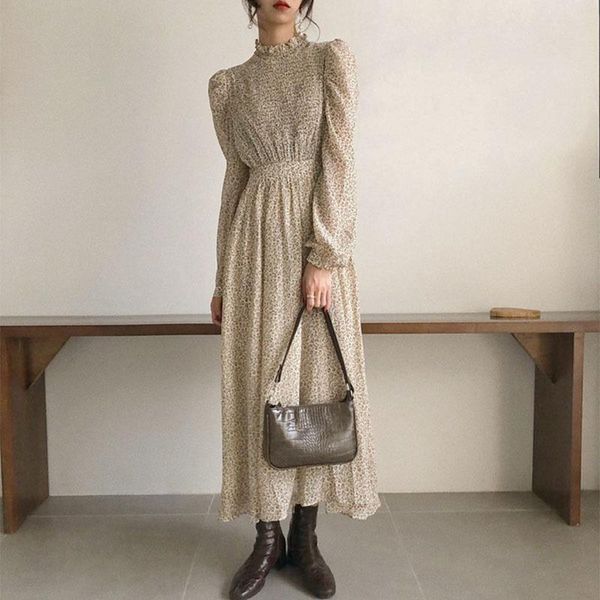 vintage stand collar ruched sleeve a-line dress women floral print elastic waist female dress spring vestidos femme 202, Black;gray 
vintage stand collar ruched sleeve a-line dress women floral print elastic waist female dress spring vestidos femme 202, Black;gray