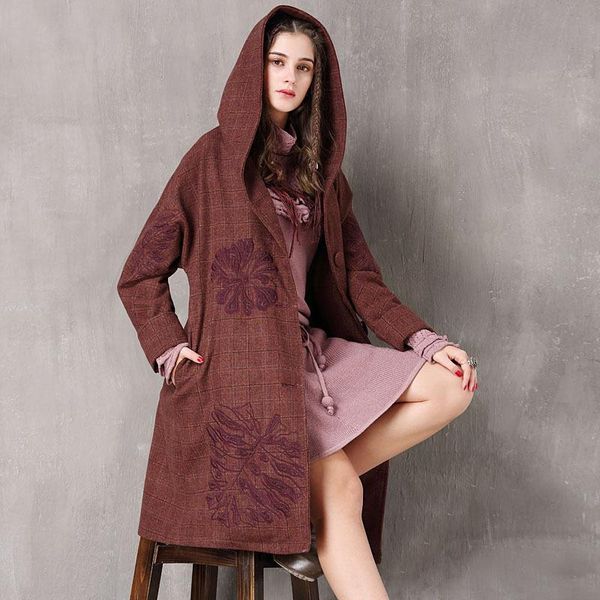 women's 2020 winter new medium long woolen coat national style embroidery thickened plaid coat, Black
women's 2020 winter new medium long woolen coat national style embroidery thickened plaid coat, Black