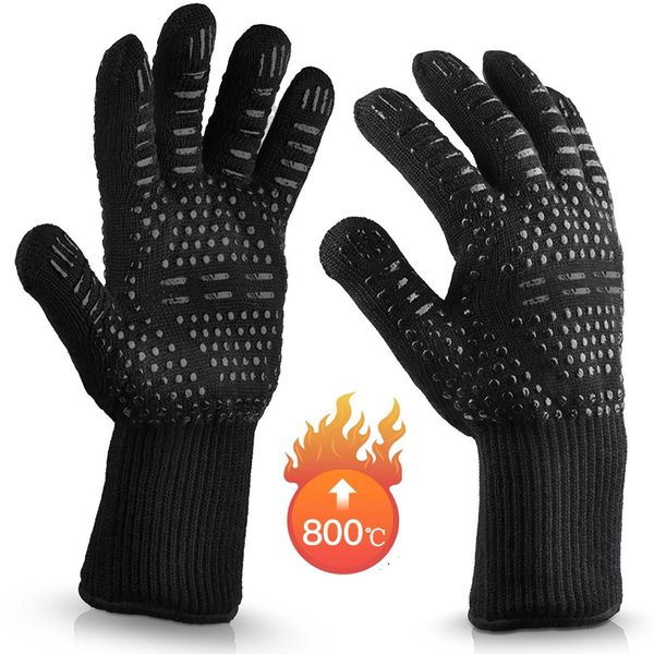 

bbq high temperature resistance mitts 500 800 degrees fireproof barbecue heat insulation microwave oven gloves, Blue;gray