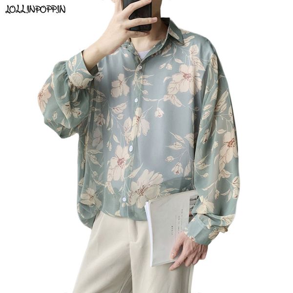 men floral chiffon shirt long sleeve 2020 spring summer turn down collar mens semi-transparent casual loose shirts, White;black
men floral chiffon shirt long sleeve 2020 spring summer turn down collar mens semi-transparent casual loose shirts, White;black