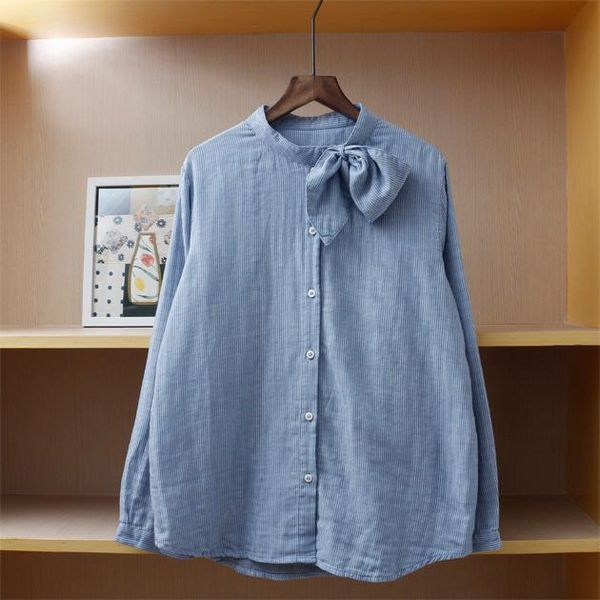 women's blouses & shirts korean style bowknot stand collar stripe shirt double cotton yarn loose casual long sleeve blouse, White
women's blouses & shirts korean style bowknot stand collar stripe shirt double cotton yarn loose casual long sleeve blouse, White