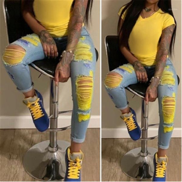 women's jeans female ripped slim feet high waist tie-dye casual pencil pants1, Blue