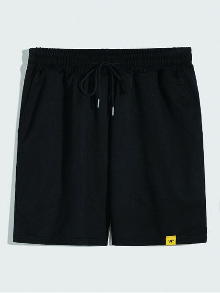 men letter patched drawstring waist shorts c9eq#, Black