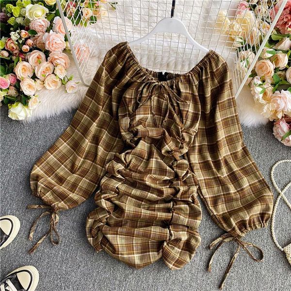 french vintage dress female elegant sweet plaid square collar puff sleeve fitted waist pleated dress, Black;gray
french vintage dress female elegant sweet plaid square collar puff sleeve fitted waist pleated dress, Black;gray