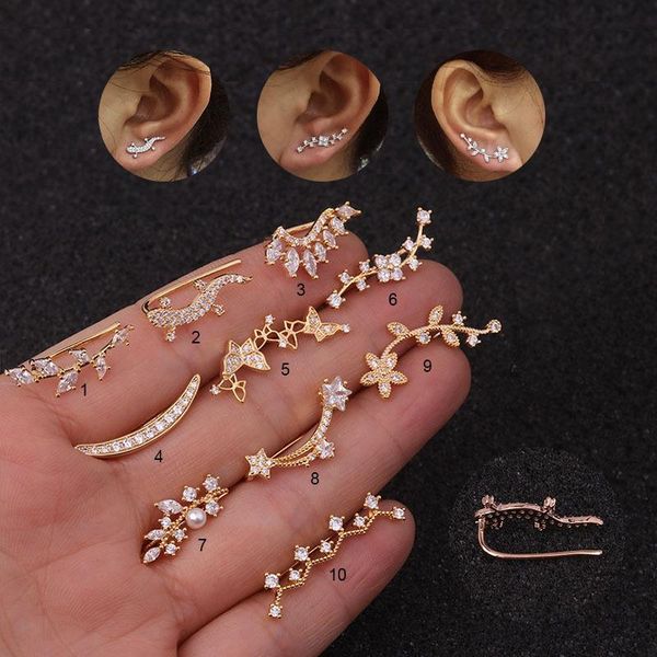 1pc cz mismatched cartilage earring piercing jewelry plant ear crawlers flower leaf gecko ear climbers crawler earring, Golden;silver