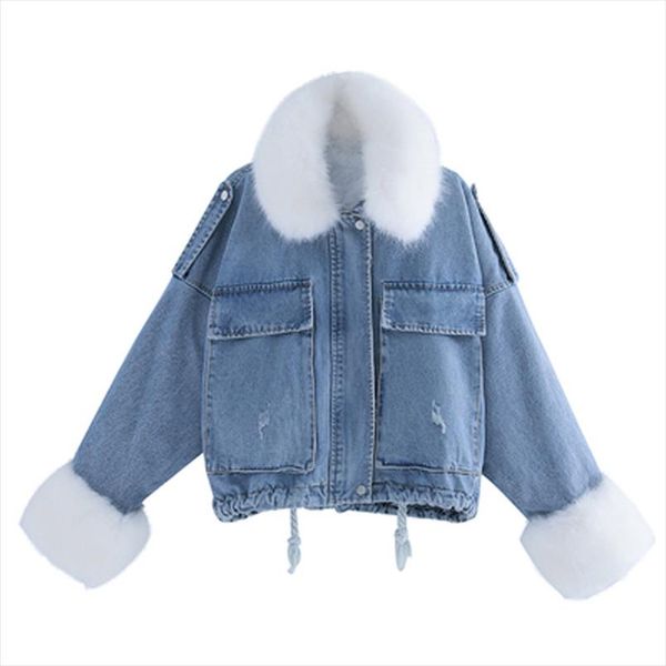 women cotton short coat winter new korean fashion loose thick plush liner large fur collar denim solid color pie overcome lx89, Black
women cotton short coat winter new korean fashion loose thick plush liner large fur collar denim solid color pie overcome lx89, Black