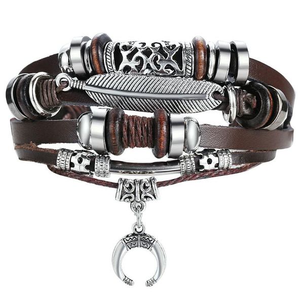 new fashion feather crescent multi-layer artificial leather bracelet creative retro punk black men's bracelet, Golden;silver
new fashion feather crescent multi-layer artificial leather bracelet creative retro punk black men's bracelet, Golden;silver