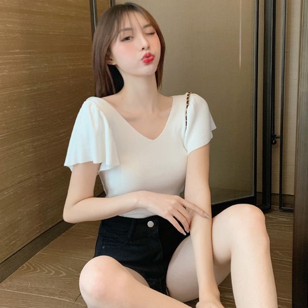 net red korean fashion v-neck bubble sweater sleeve ruffle spring summer 2020 new slim fitting short sleeve sweater for women j0cpo, White;black
net red korean fashion v-neck bubble sweater sleeve ruffle spring summer 2020 new slim fitting short sleeve sweater for women j0cpo, White;black