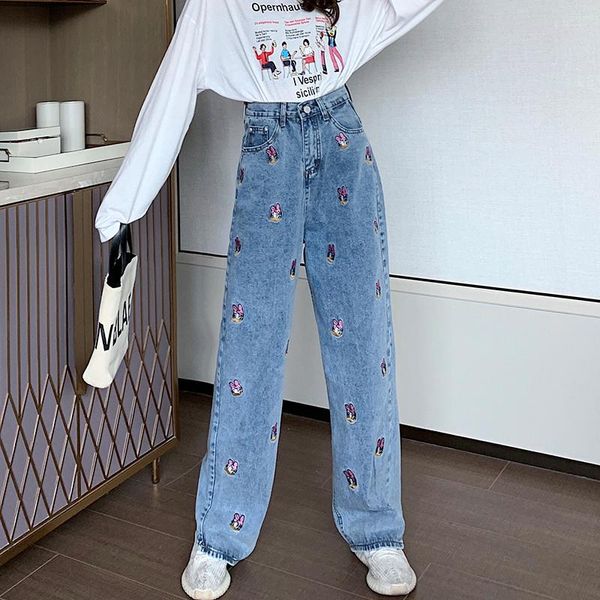 jeans for women embroidery wide leg jeans for woman high waist straight cartoon pants denim jean mujer jean femme, Blue 
jeans for women embroidery wide leg jeans for woman high waist straight cartoon pants denim jean mujer jean femme, Blue
