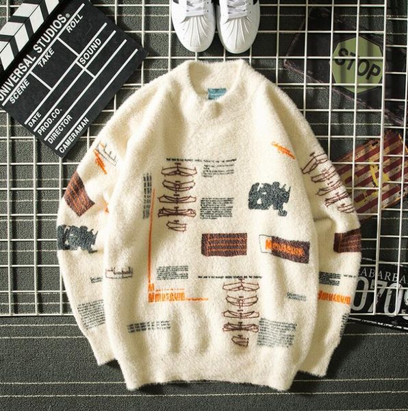 women's sweaters men and women japanese retro geometric letters thickened loose knitted sweater, White;black
women's sweaters men and women japanese retro geometric letters thickened loose knitted sweater, White;black