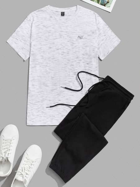 men letter graphic tee & drawstring waist sweatpants p3e1#, Gray