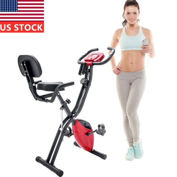 Us Warehouse Upgrade Folding Exercise Bike Fitness Upright Recumbent X-bike 10-level Adjustable Resistance Arm Bands Backrest