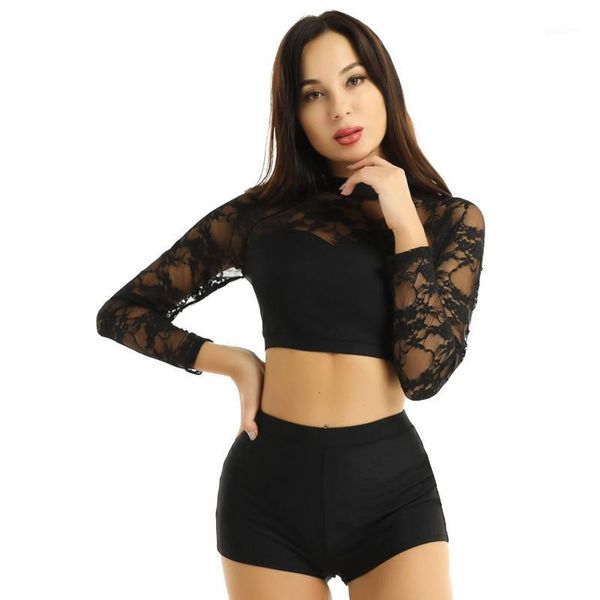 women two-piece dancewear round neck lace long sleeve ballet gymnastics shorts with crop set dance costume outfit1, Black;red
women two-piece dancewear round neck lace long sleeve ballet gymnastics shorts with crop set dance costume outfit1, Black;red