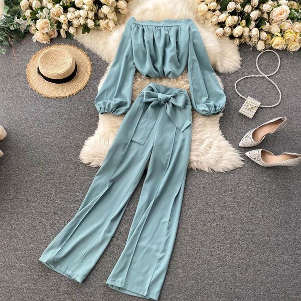 women new fashion slash neck long sleeve fold thin short +female tie belt high waist broad leg trousers two piece sets p8211, Gray
women new fashion slash neck long sleeve fold thin short +female tie belt high waist broad leg trousers two piece sets p8211, Gray