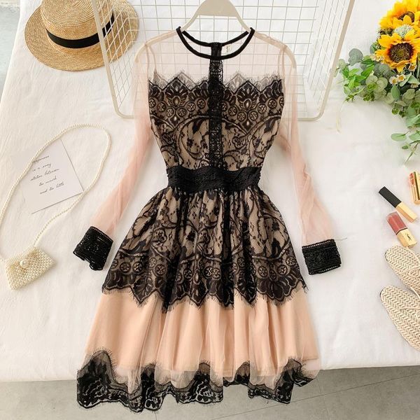 eyelash lace perspective screen yarn round neck long sleeve slim pompon black lace dresses woman party night, Black;gray
eyelash lace perspective screen yarn round neck long sleeve slim pompon black lace dresses woman party night, Black;gray